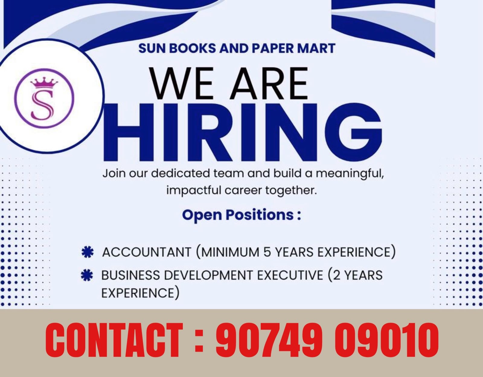 കുന്നംകുളം SUN BOOKS & PAPER MARTൽ ജോലി ഒഴിവുകൾ