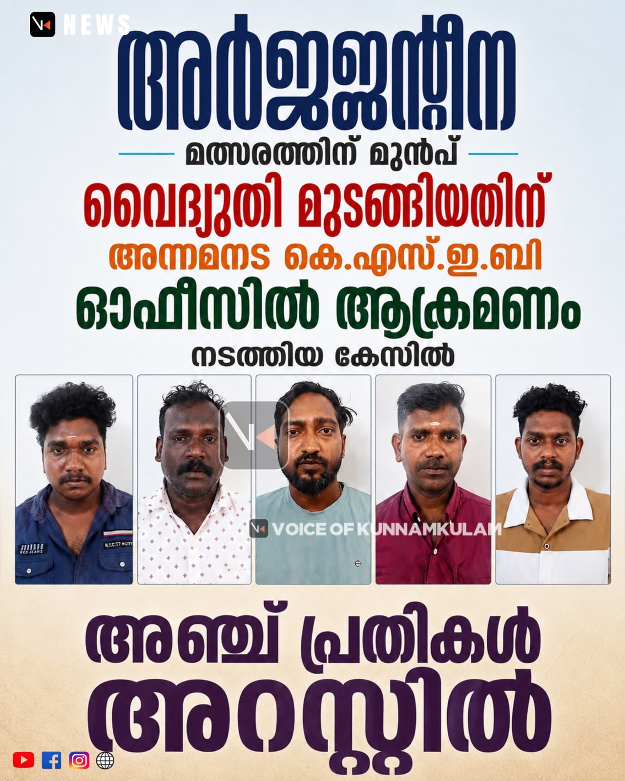 അർജ്ജന്റീന മത്സരത്തിന്‌ മുൻപ്‌ വൈദ്യുതി മുടങ്ങിയതിന്‌ അന്നമനട കെ.എസ്‌.ഇ.ബി ഓഫീസിൽ ആക്രമണം നടത്തിയ കേസിൽ അഞ്ച്‌ പ്രതികൾ അറസ്റ്റിൽ